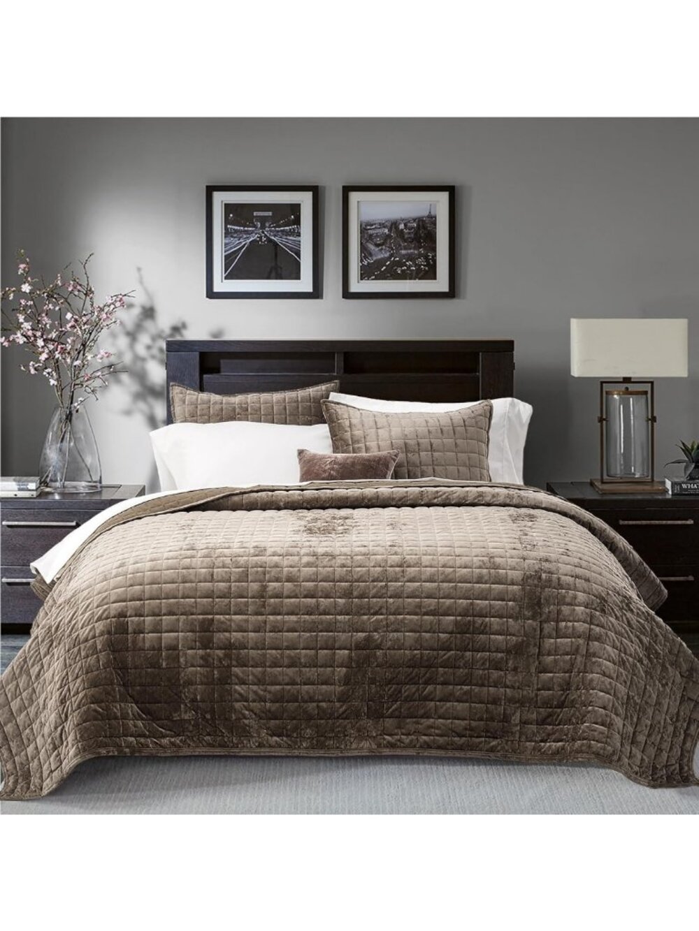 Oversized Velvet Quilt Set, California King 118"x106", Luxurious Mocha Brown